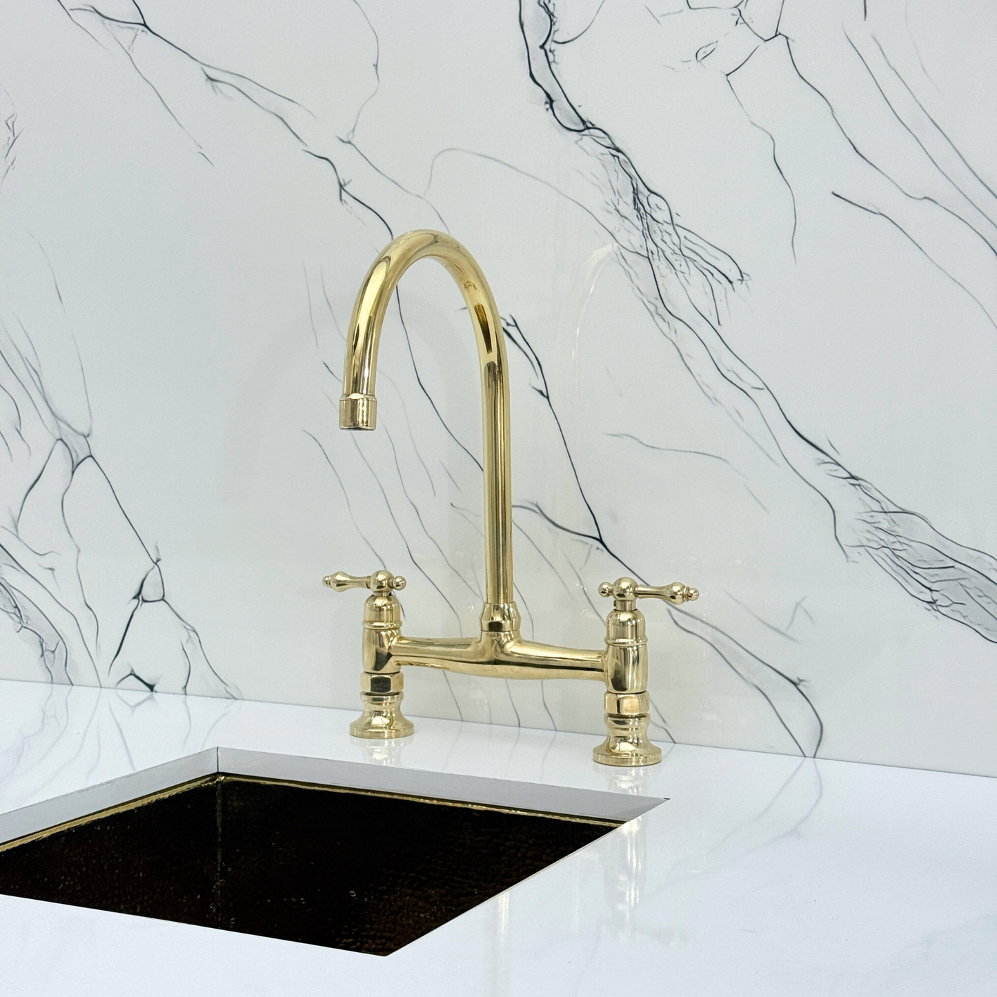 Unlacquered Brass Bridge Kitchen Faucet with Sprayer, Cold Water Faucet and Lever Handles