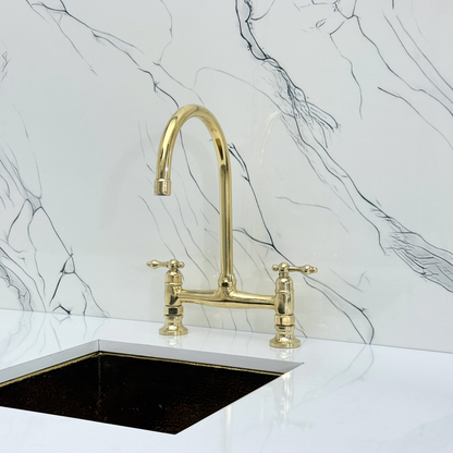 Unlacquered Brass Bridge Kitchen Faucet with Sprayer, Cold Water Faucet and Lever Handles