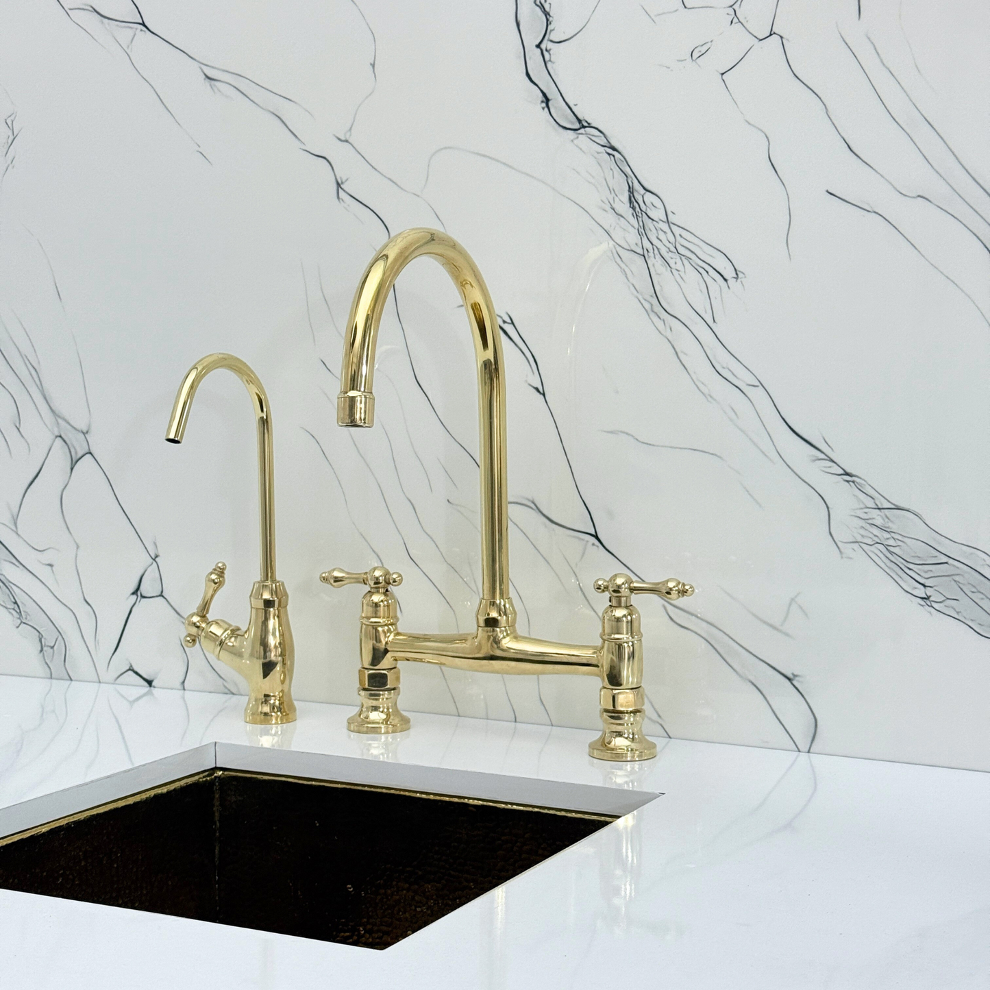 Unlacquered Brass Bridge Kitchen Faucet with Sprayer, Cold Water Faucet and Lever Handles