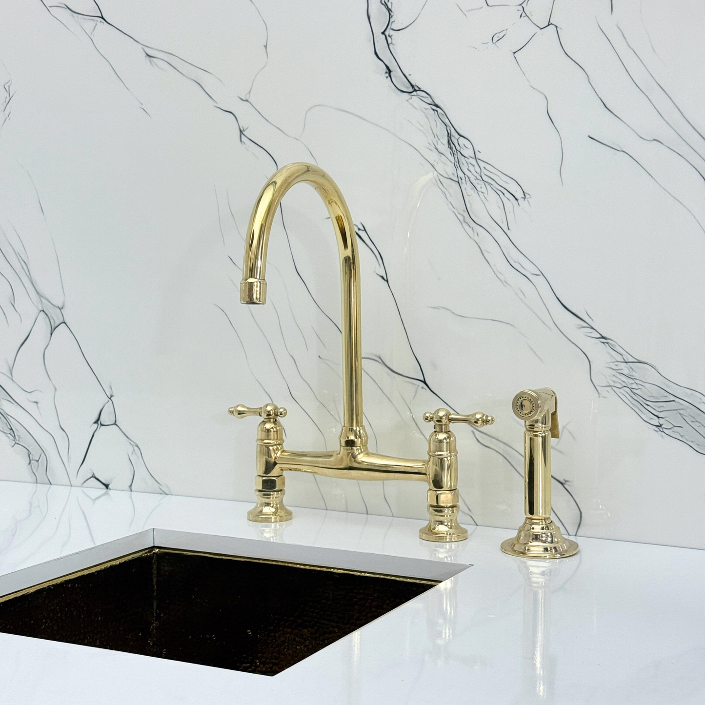 Unlacquered Brass Bridge Kitchen Faucet with Sprayer, Cold Water Faucet and Lever Handles