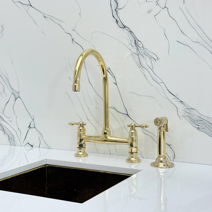 Unlacquered Brass Bridge Kitchen Faucet with Sprayer, Cold Water Faucet and Lever Handles