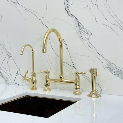 Unlacquered Brass Bridge Kitchen Faucet with Sprayer, Cold Water Faucet and Lever Handles