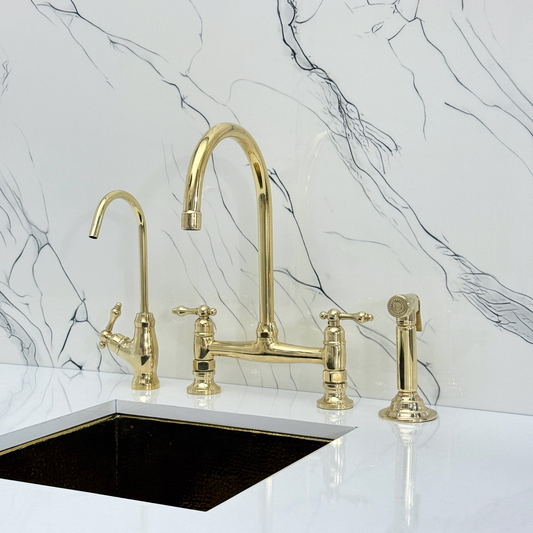 Unlacquered Brass Bridge Kitchen Faucet with Sprayer, Cold Water Faucet and Lever Handles