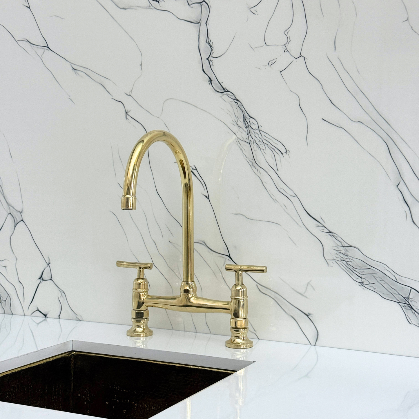 Unlacquered Brass Bridge Kitchen Faucet with Sprayer, Cold Water Faucet and Lever Handles