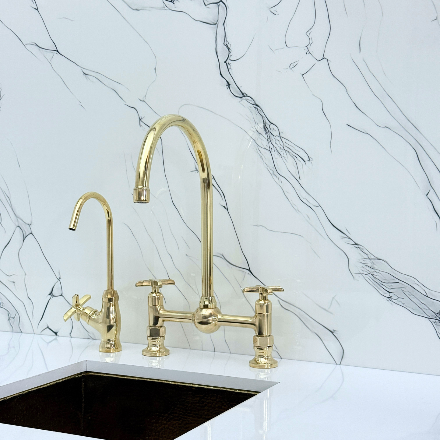 Unlacquered Brass Bridge Vintage Kitchen Faucet with Ball Center, Sprayer, Cold Water Faucet and Cross Handles