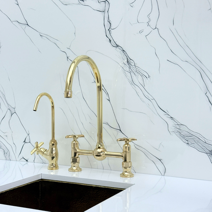 Unlacquered Brass Bridge Vintage Kitchen Faucet with Ball Center, Sprayer, Cold Water Faucet and Cross Handles