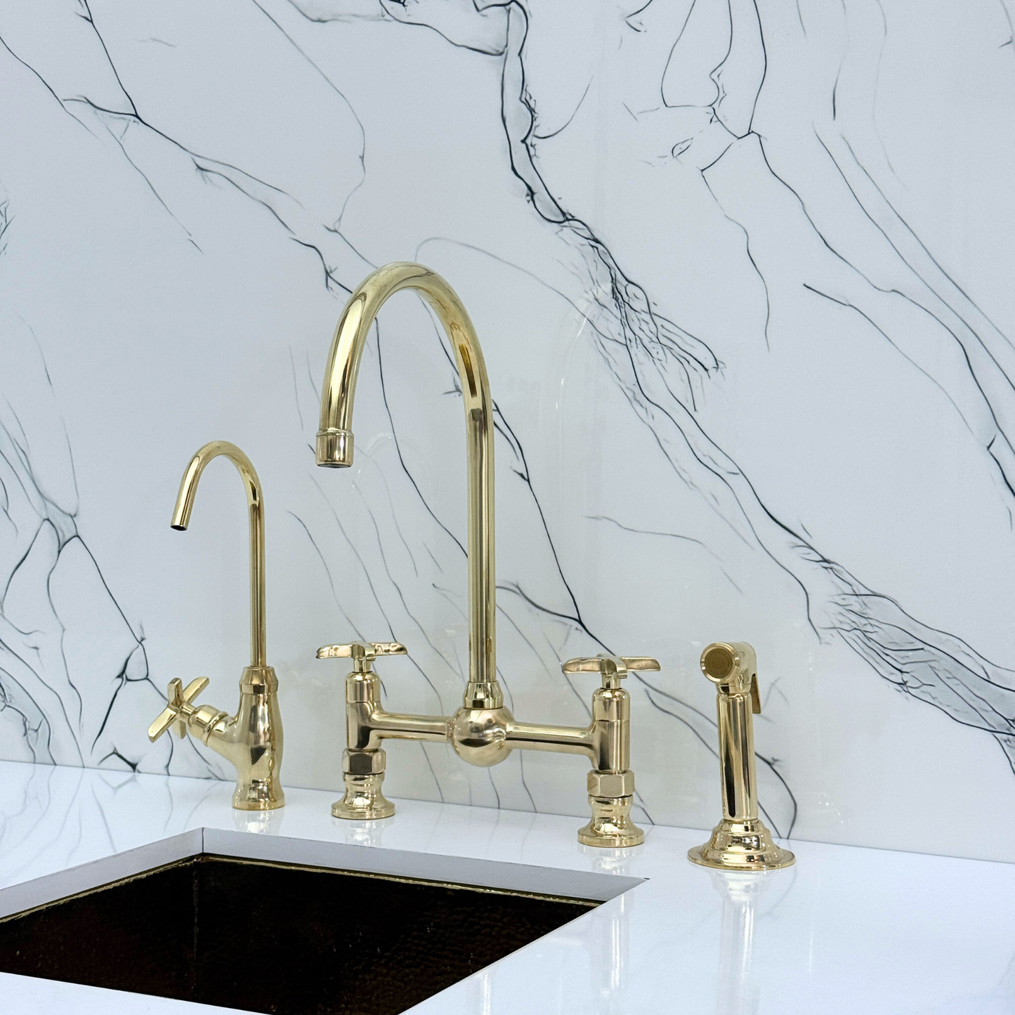 Unlacquered Brass Bridge Vintage Kitchen Faucet with Ball Center, Sprayer, Cold Water Faucet and Cross Handles