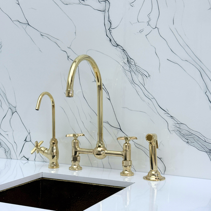 Unlacquered Brass Bridge Vintage Kitchen Faucet with Ball Center, Sprayer, Cold Water Faucet and Cross Handles