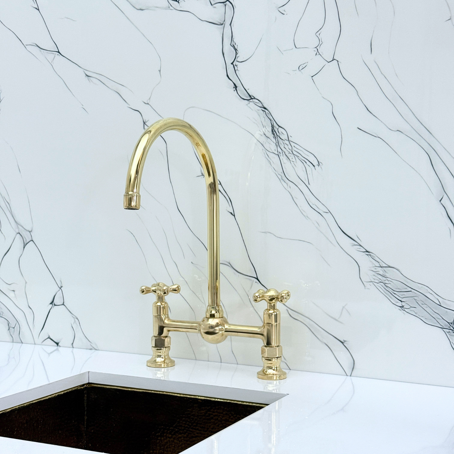 Unlacquered Brass Bridge Vintage Kitchen Faucet with Ball Center, Sprayer, Cold Water Faucet and Cross Handles
