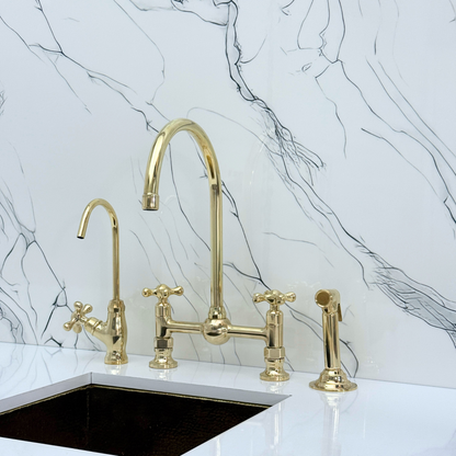 Unlacquered Brass Bridge Vintage Kitchen Faucet with Ball Center, Sprayer, Cold Water Faucet and Cross Handles