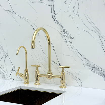 Unlacquered Brass Bridge Vintage Kitchen Faucet with Ball Center, Sprayer, Cold Water Faucet and Lever Handles