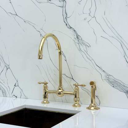 Unlacquered Brass Bridge Vintage Kitchen Faucet with Ball Center, Sprayer, Cold Water Faucet and Lever Handles