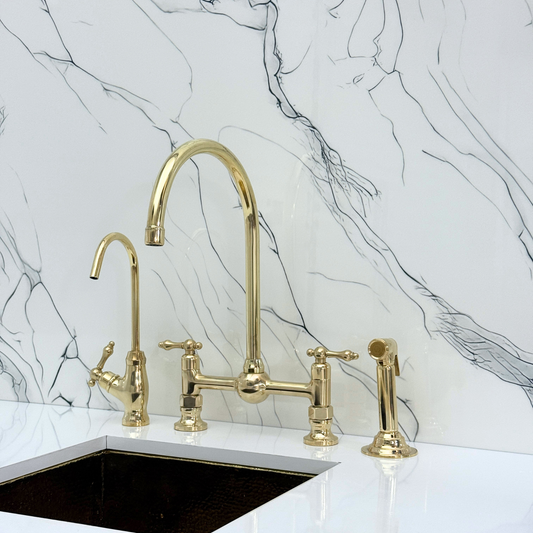 Unlacquered Brass Bridge Vintage Kitchen Faucet with Ball Center, Sprayer, Cold Water Faucet and Lever Handles