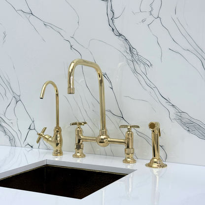 Unlacquered Brass Classic Bridge Faucet with Ball Center, Sprayer, Cold Water Faucet and Cross Handles