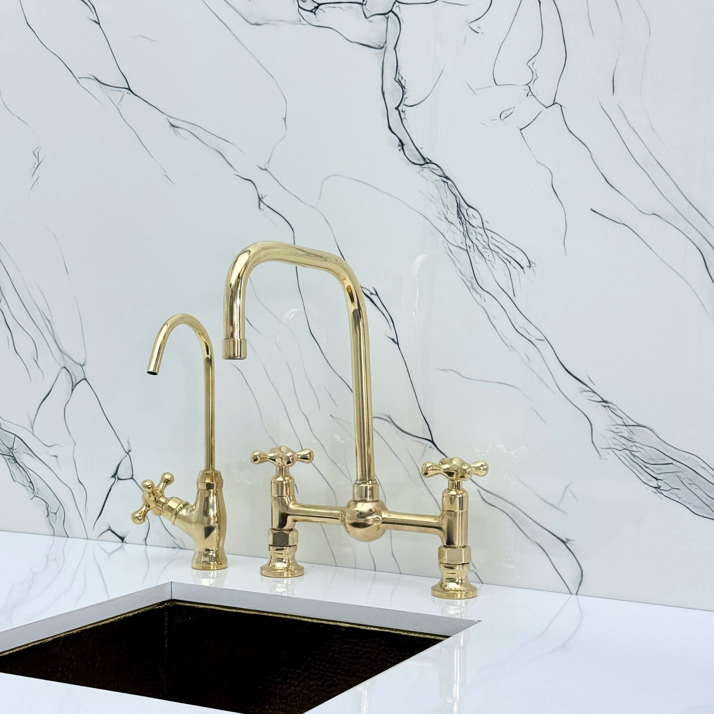 Unlacquered Brass Classic Bridge Faucet with Ball Center, Sprayer, Cold Water Faucet and Cross Handles