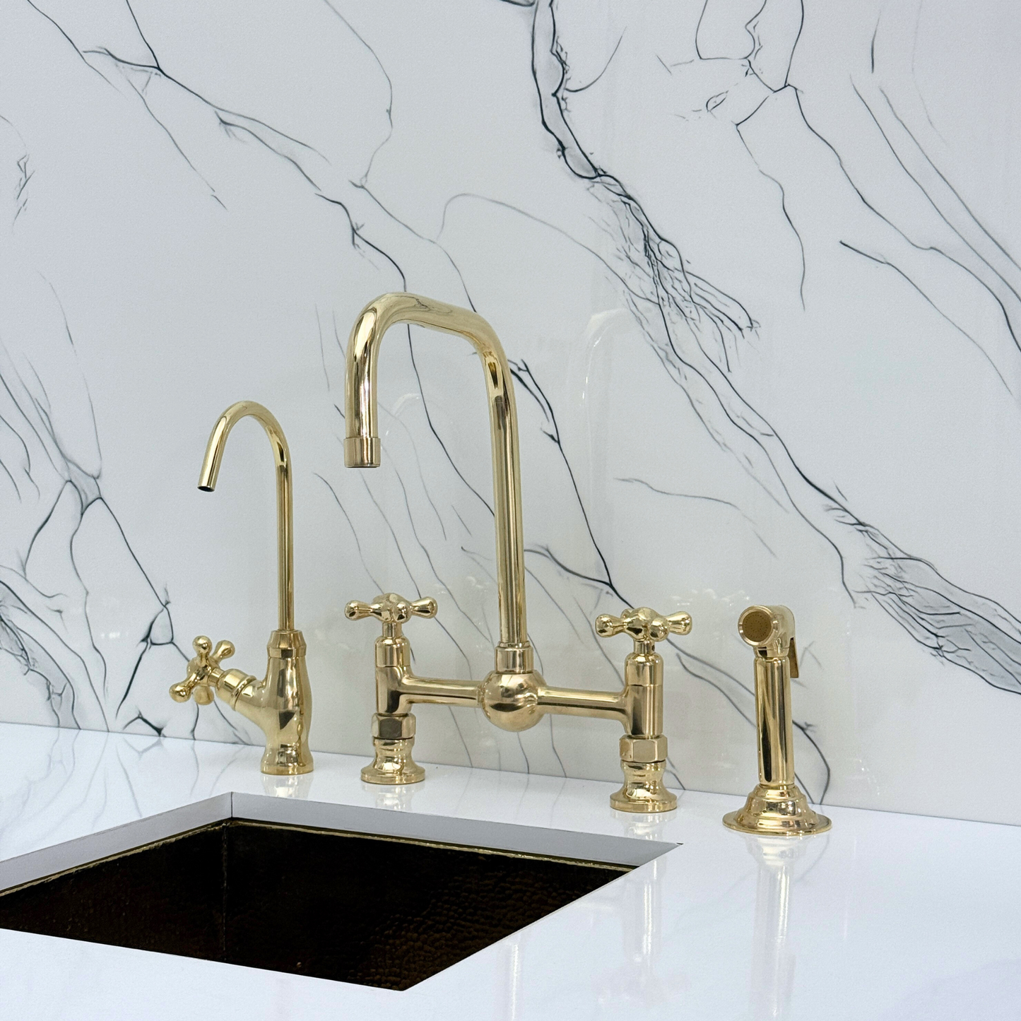 Unlacquered Brass Classic Bridge Faucet with Ball Center, Sprayer, Cold Water Faucet and Cross Handles