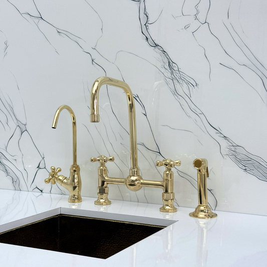 Unlacquered Brass Classic Bridge Faucet with Ball Center, Sprayer, Cold Water Faucet and Cross Handles