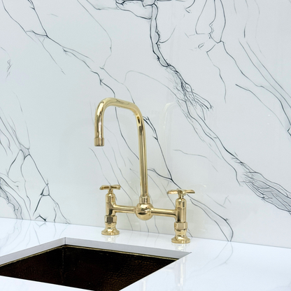 Unlacquered Brass Classic Bridge Faucet with Ball Center, Sprayer, Cold Water Faucet and Cross Handles