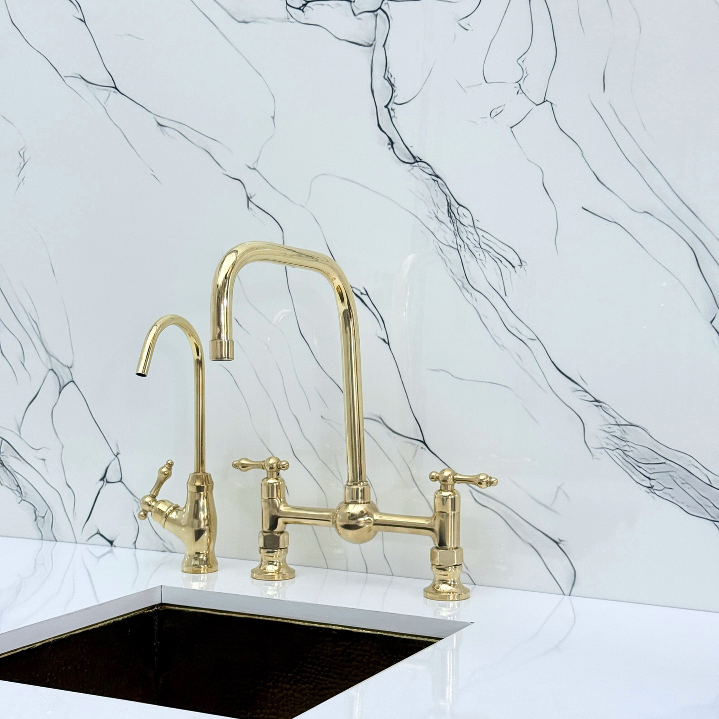 Unlacquered Brass Classic Bridge Faucet with Ball Center, Sprayer, Cold Water Faucet and Lever Handles