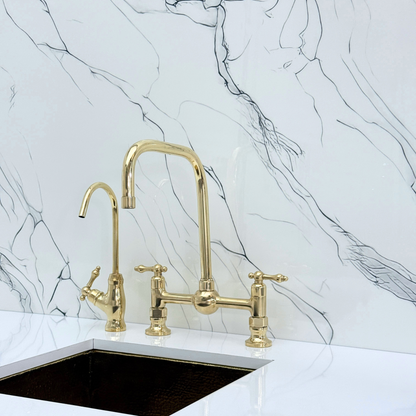 Unlacquered Brass Classic Bridge Faucet with Ball Center, Sprayer, Cold Water Faucet and Lever Handles