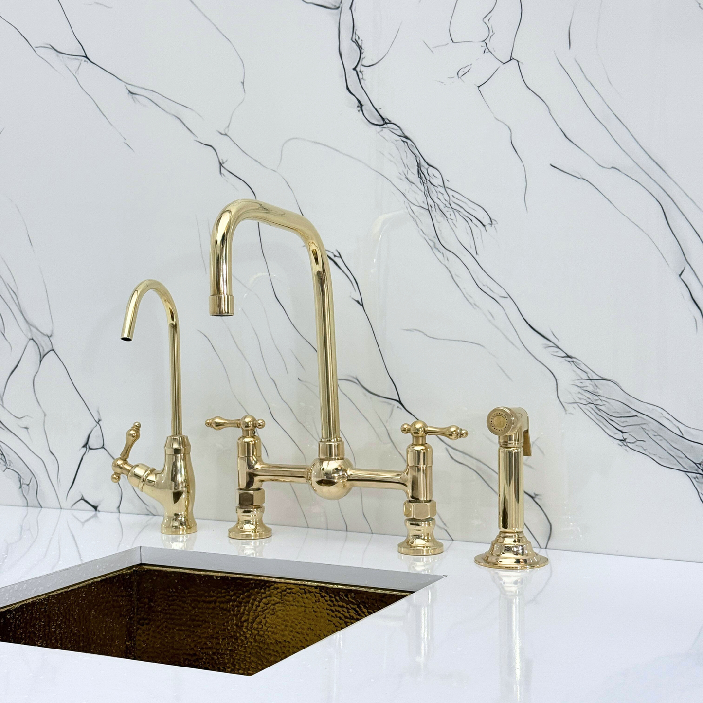 Unlacquered Brass Classic Bridge Faucet with Ball Center, Sprayer, Cold Water Faucet and Lever Handles
