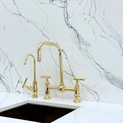 Unlacquered Brass Classic Bridge Faucet with Ball Center, Sprayer, Cold Water Faucet and Lever Handles