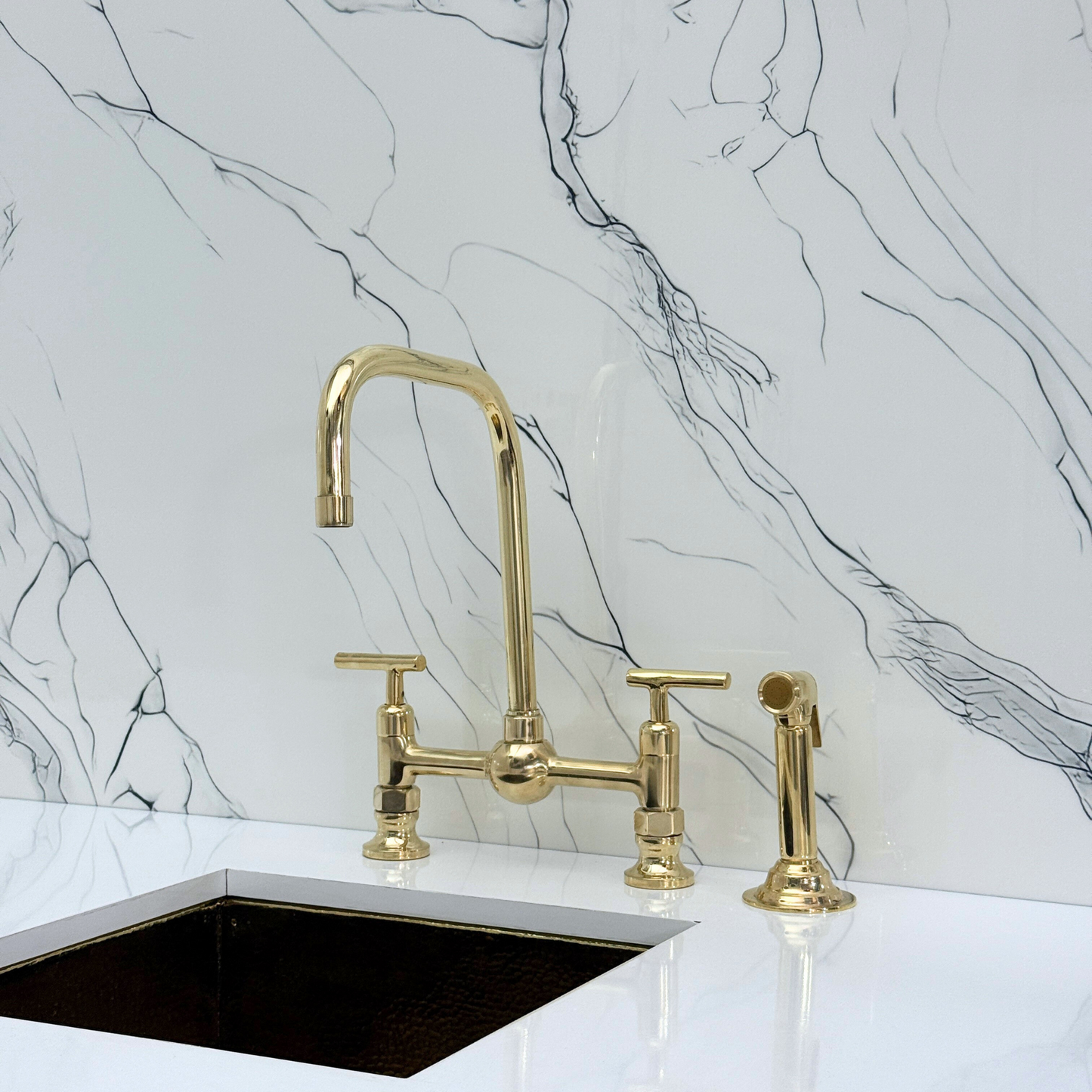Unlacquered Brass Classic Bridge Faucet with Ball Center, Sprayer, Cold Water Faucet and Lever Handles