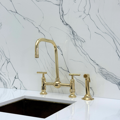 Unlacquered Brass Classic Bridge Faucet with Ball Center, Sprayer, Cold Water Faucet and Lever Handles