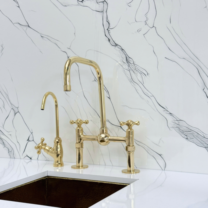 Unlacquered Brass Classic Bridge Faucet with Ball Center, Straight Legs, Sprayer, Cold Water Faucet and Cross Handles