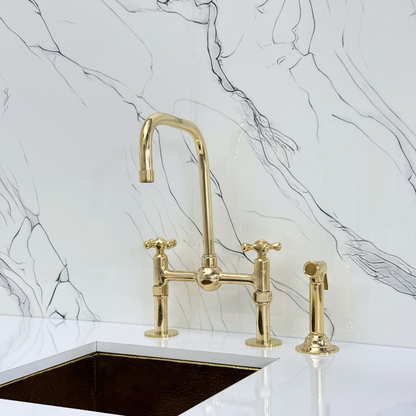 Unlacquered Brass Classic Bridge Faucet with Ball Center, Straight Legs, Sprayer, Cold Water Faucet and Cross Handles