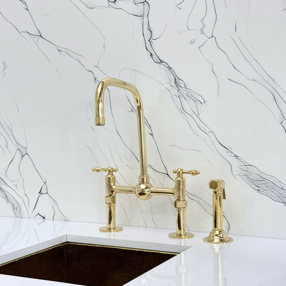 Unlacquered Brass Classic Bridge Faucet with Ball Center, Straight Legs, Sprayer, Cold Water Faucet and Lever Handles