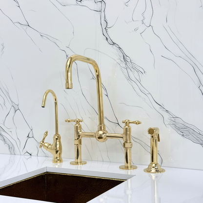 Unlacquered Brass Classic Bridge Faucet with Ball Center, Straight Legs, Sprayer, Cold Water Faucet and Lever Handles