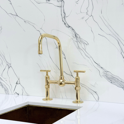 Unlacquered Brass Classic Bridge Faucet with Ball Center, Straight Legs, Sprayer, Cold Water Faucet and Lever Handles
