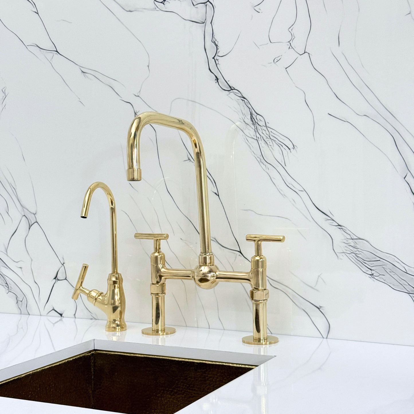 Unlacquered Brass Classic Bridge Faucet with Ball Center, Straight Legs, Sprayer, Cold Water Faucet and Lever Handles