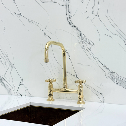 Unlacquered Brass Classic Bridge Faucet with Cold Water Faucet, Sprayer, and Cross Handles