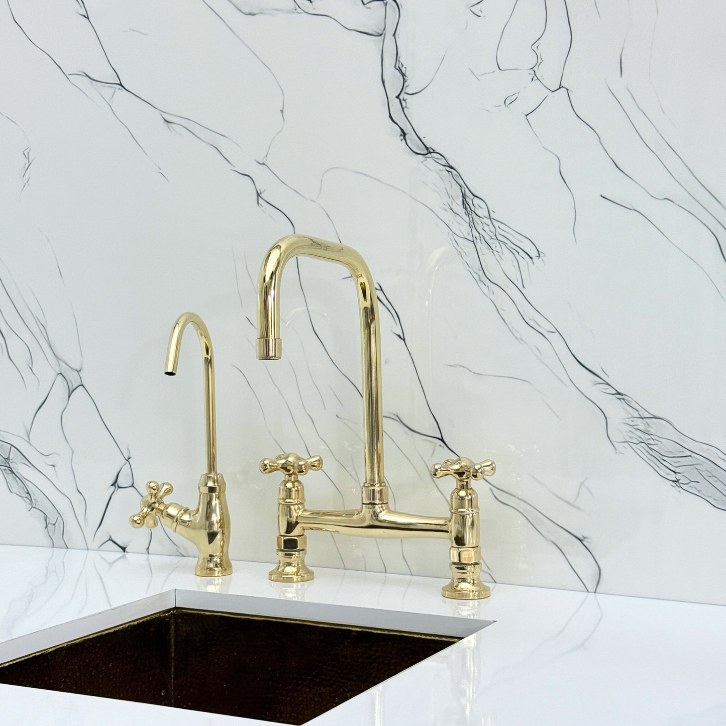 Unlacquered Brass Classic Bridge Faucet with Cold Water Faucet, Sprayer, and Cross Handles