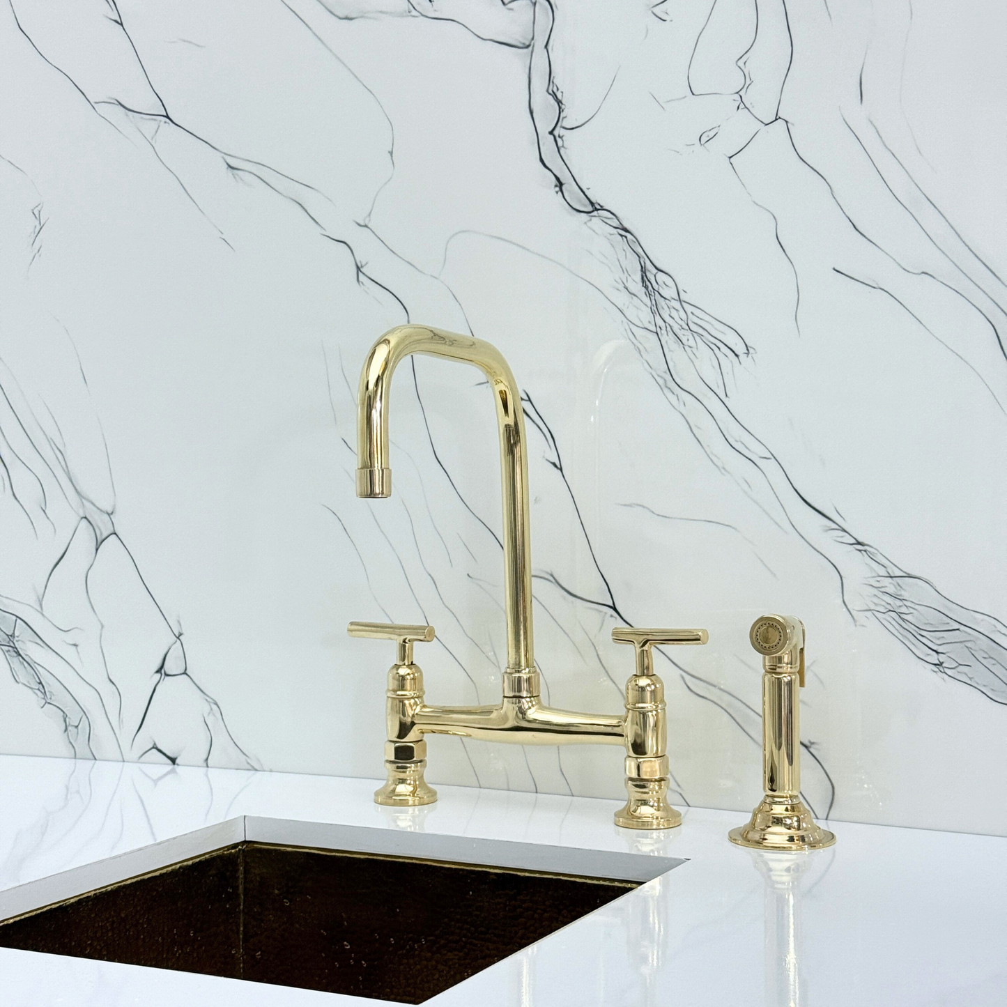 Unlacquered Brass Classic Bridge Faucet with Cold Water Faucet, Sprayer, and Lever Handles