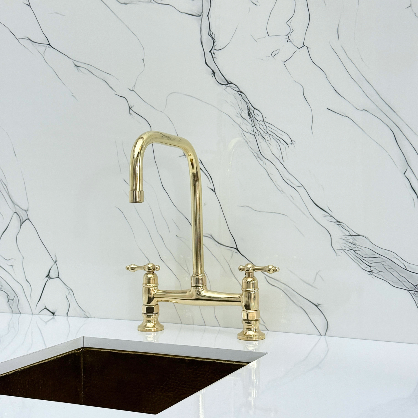 Unlacquered Brass Classic Bridge Faucet with Cold Water Faucet, Sprayer, and Lever Handles