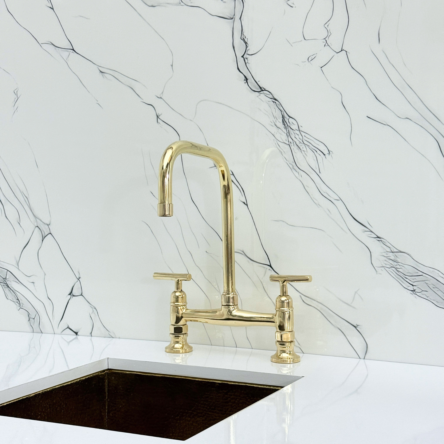 Unlacquered Brass Classic Bridge Faucet with Cold Water Faucet, Sprayer, and Lever Handles