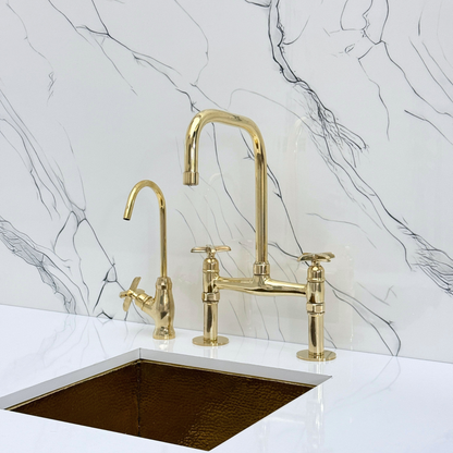 Unlacquered Brass Classic Bridge Faucet with Sprayer, Cold Water Faucet and Cross Handles