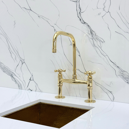 Unlacquered Brass Classic Bridge Faucet with Sprayer, Cold Water Faucet and Cross Handles