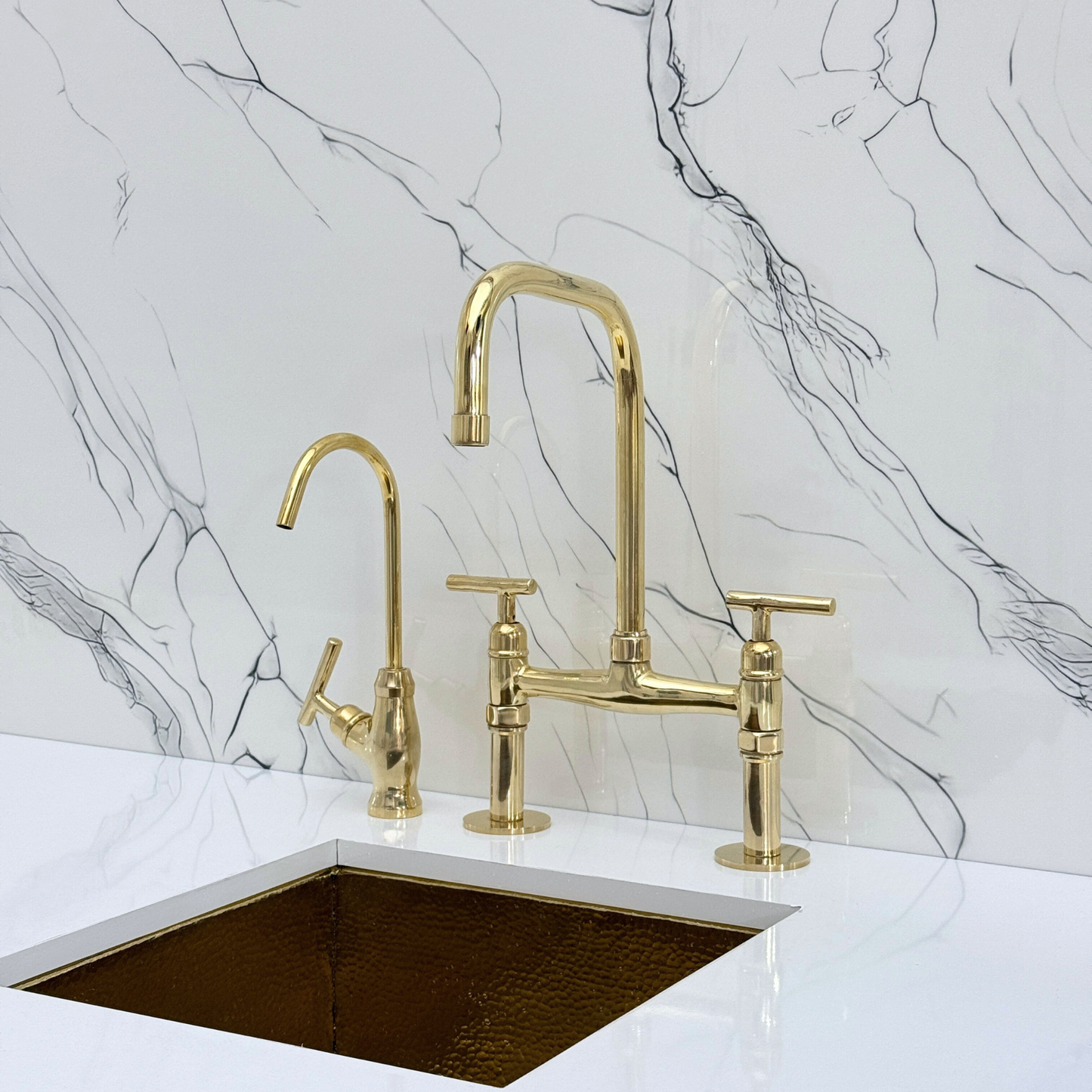 Unlacquered Brass Classic Bridge Faucet with Sprayer, Cold Water Faucet and Lever Handles