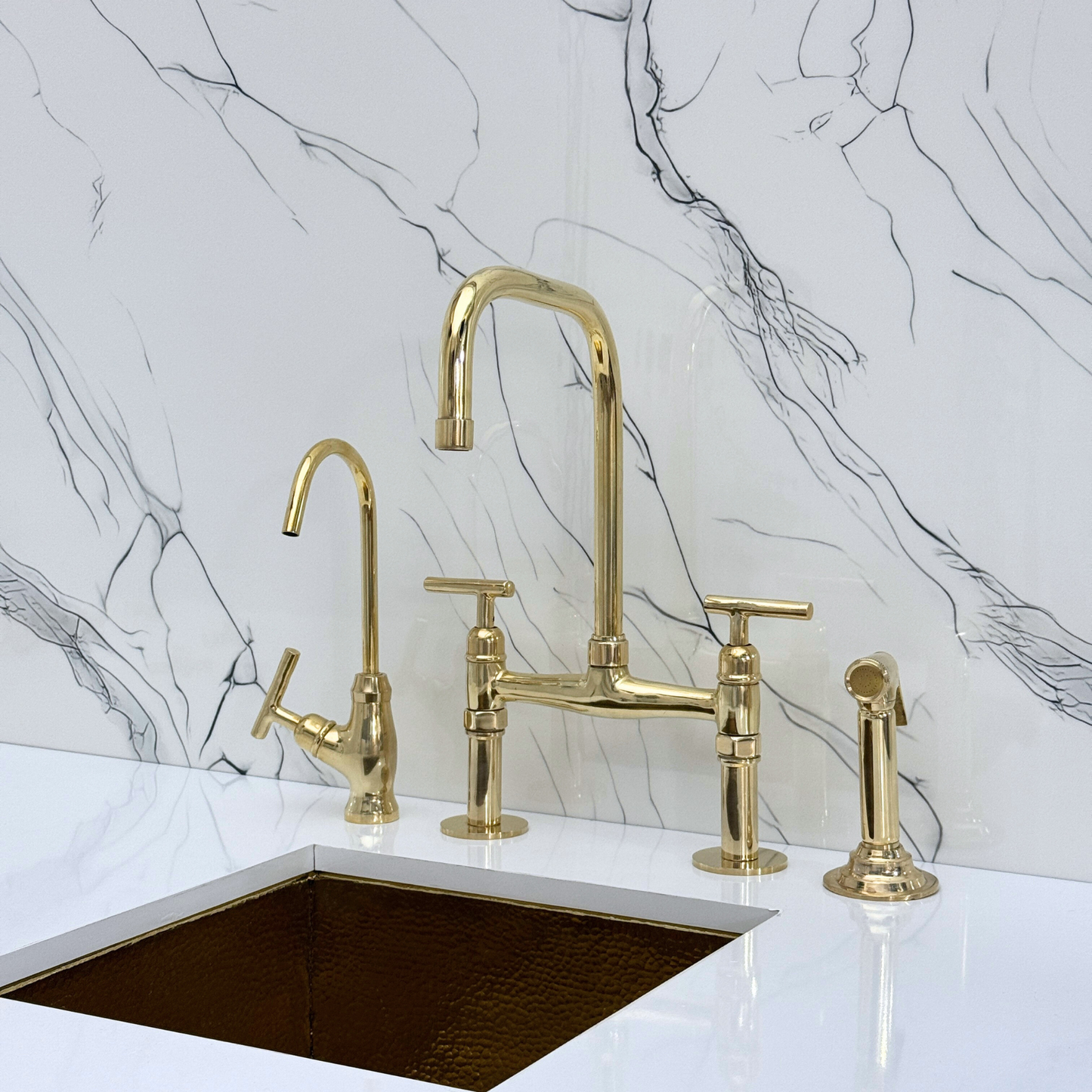 Unlacquered Brass Classic Bridge Faucet with Sprayer, Cold Water Faucet and Lever Handles