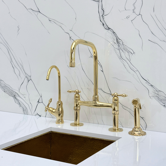 Unlacquered Brass Classic Bridge Faucet with Sprayer, Cold Water Faucet and Lever Handles