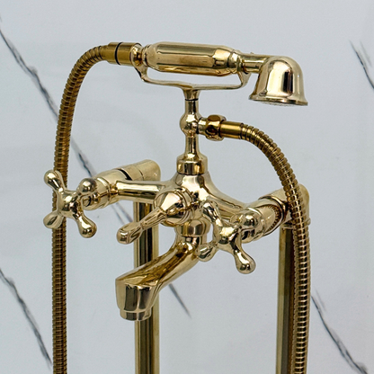 Unlacquered Brass Freestanding Bathtub Faucet, Solid Brass Clawfoot Tub Filler with Handheld Shower Head and Cross Handles