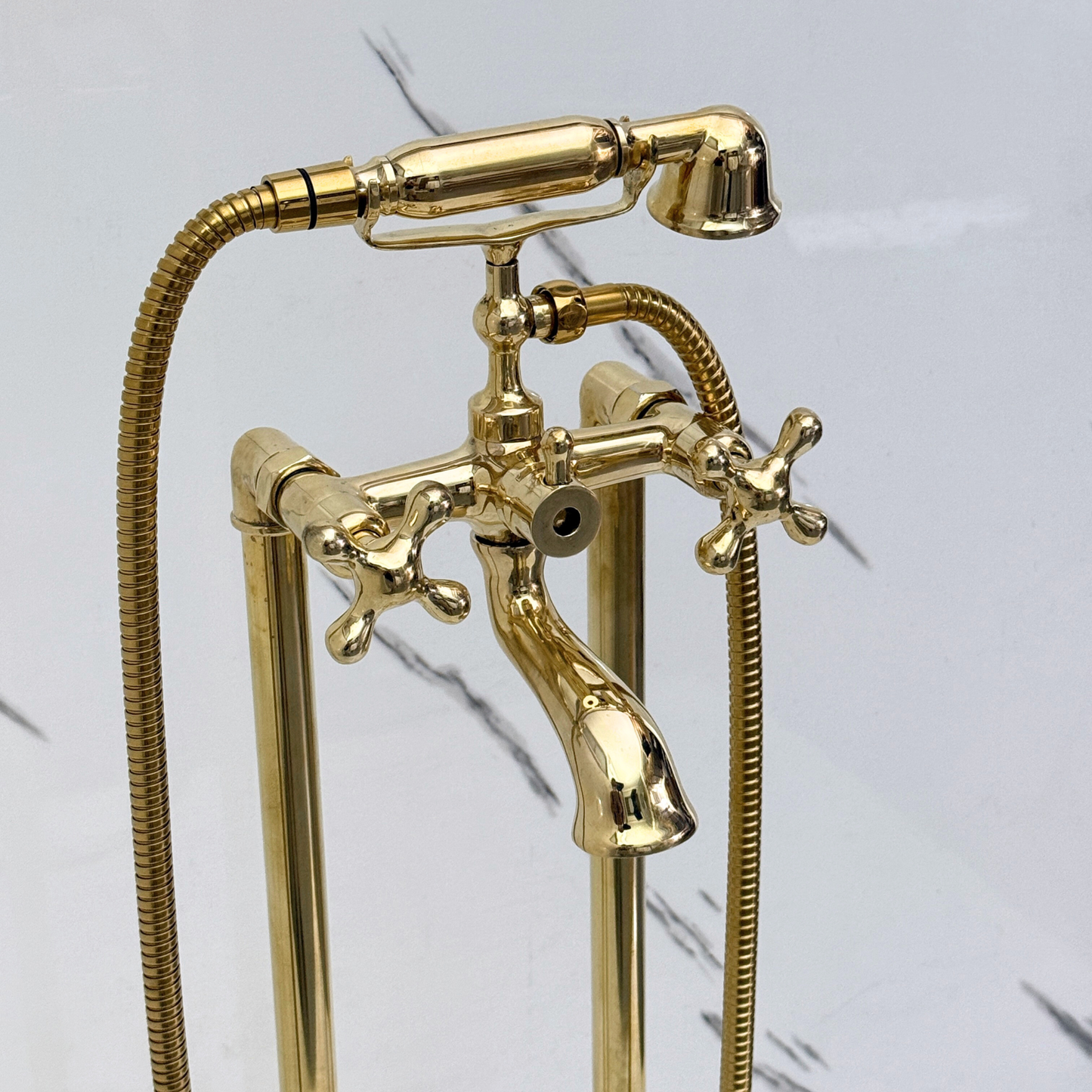 Unlacquered Brass Freestanding Bathtub Faucet, Solid Brass Clawfoot Tub Filler with Handheld Shower Head, Diverter and Cross Handles