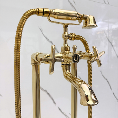 Unlacquered Brass Freestanding Bathtub Faucet, Solid Brass Clawfoot Tub Filler with Handheld Shower Head, Diverter and Cross Handles