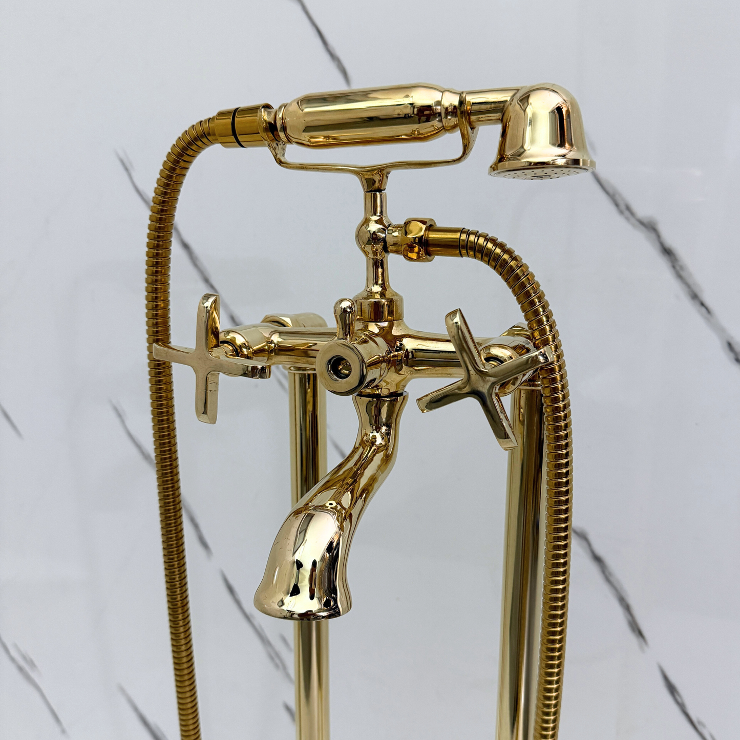Unlacquered Brass Freestanding Bathtub Faucet, Solid Brass Tub Filler with Handheld Shower Head, Diverter and Cross Handles