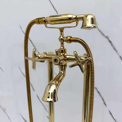 Unlacquered Brass Freestanding Bathtub Faucet, Solid Brass Tub Filler with Handheld Shower Head, Diverter and Cross Handles