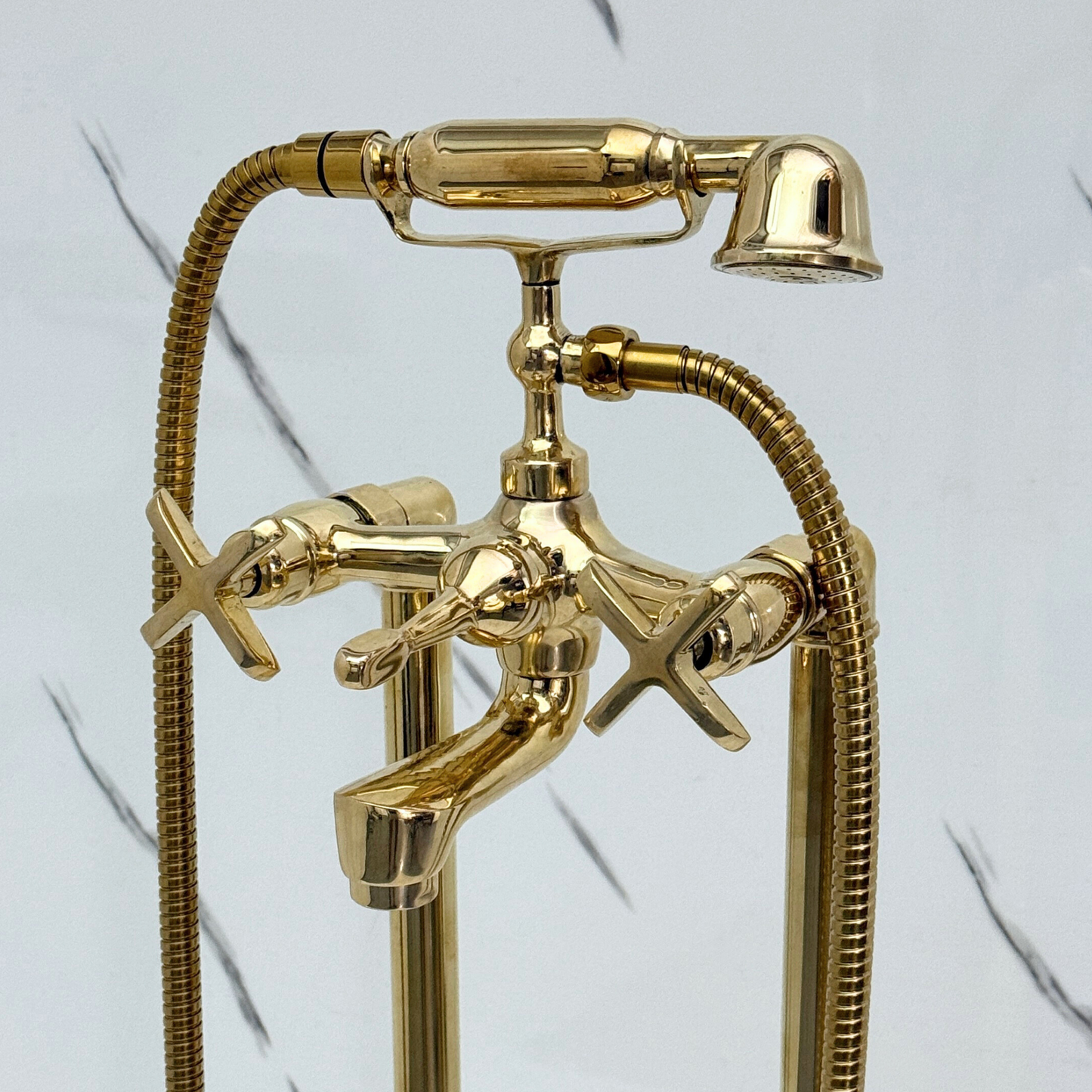 Unlacquered Brass Freestanding Bathtub Faucet, Solid Brass Tub Filler with Handheld Shower Head and Cross Handles